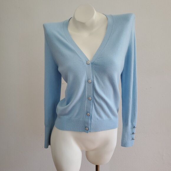 Zara Sweaters - Zara V Neck Knit Button Up Cardigan Baby Blue Rhinestone Button NEW Preppy